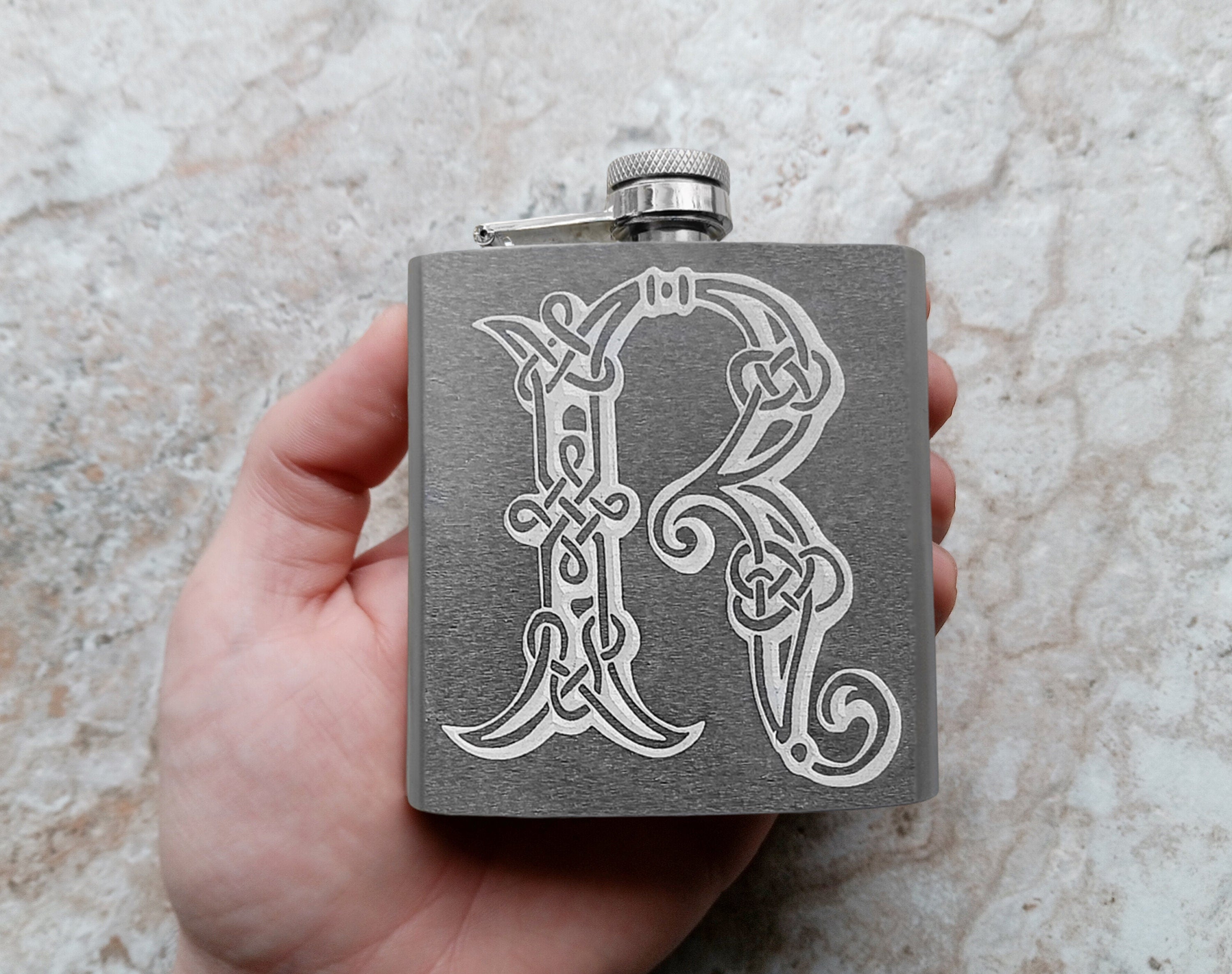 Custom Engraved Flask and Funnel Set Stainless Steel 6 oz Hip Bottle Liquor Beverage Holder Vintage Antique Style Celtic Text Great Gift